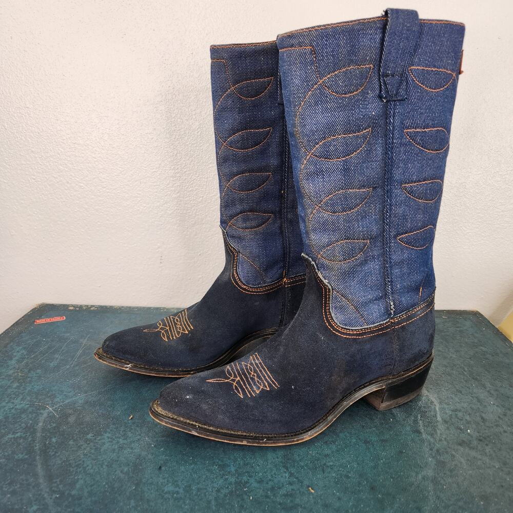 VTG ACME Blue Suede and Denim Cowgirl Women's Heeled Boots Size 7